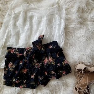 Navy blue flower print corduroy shorts